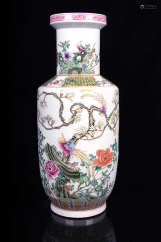 FAMILLE ROSE 'FLOWERS AND BIRDS' ROLEAU VASE