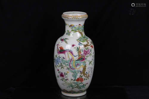 FAMILLE ROSE 'FLOWERS AND BIRDS' ROLEAU VASE