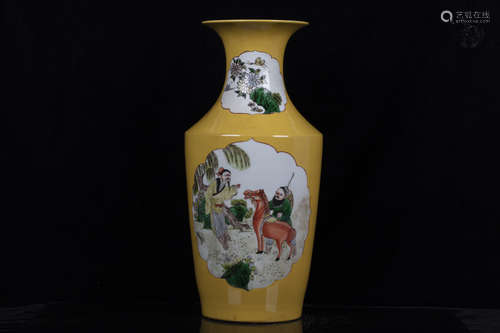 FAMILLE ROSE YELLOW GROUND AND OPEN MEDALLION 'PEOPLE' VASE