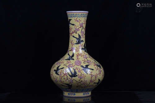 FAMILLE ROSE YELLOW GROUND 'FLOWERS AND BIRDS' VASE