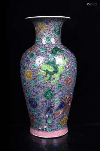 FAMILLE ROSE BLUE GROUND 'MYTHICAL BEASTS' VASE, MEIPING