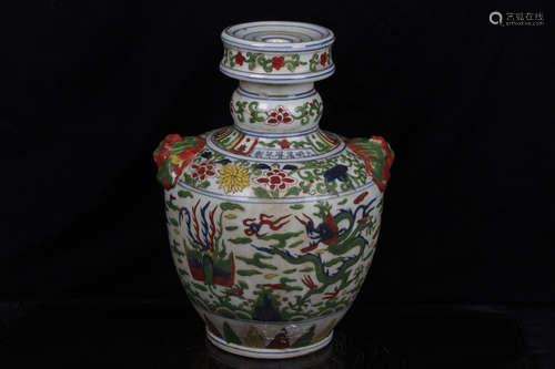 WUCAI 'DRAGON AND PHOENIX' VASE WITH HANDLES