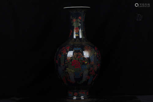 FAMILLE ROSE BLACK GROUND AND GILT 'FLOWERS' VASE