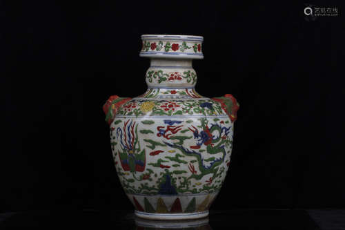 WUCAI 'DRAGON AND PHOENIX' VASE WITH HANDLES