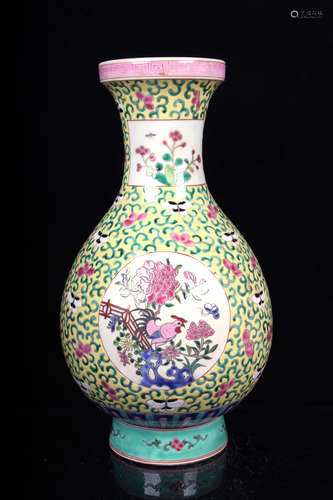 FAMILLE ROSE YELLOW GROUND AND OPEN MEDALLION 'FLOWERS AND BIRDS' VASE