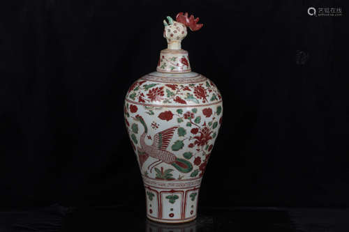 WUCAI 'FLOWERS AND BIRDS' VASE WITH PHOENIX MASK LID