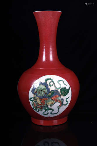 MONOCHROME RED GLAZED OPEN MEDALLION 'MYTHICAL BEAST' VASE