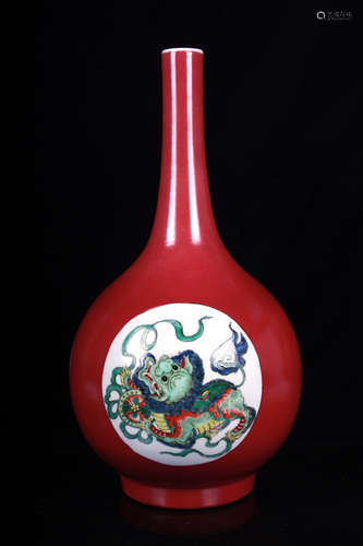 MONOCHROME RED GLAZED OPEN MEDALLION 'MYTHICAL BEAST' VASE