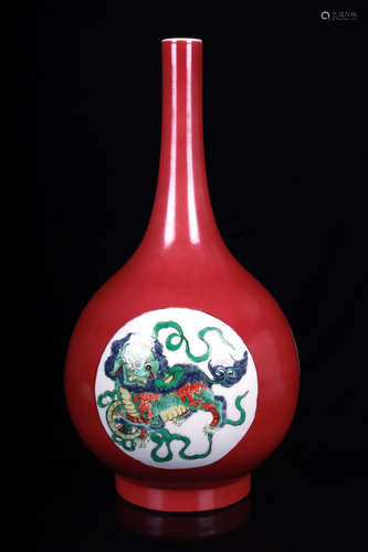 MONOCHROME RED GLAZED OPEN MEDALLION 'MYTHICAL BEAST' VASE