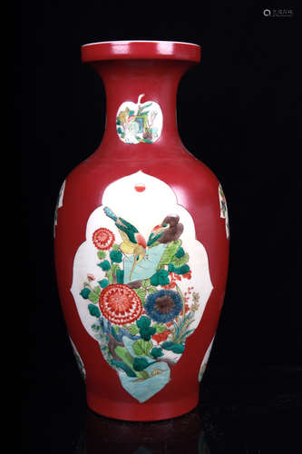 MONOCHROME RED GLAZED OPEN MEDALLION 'FLOWERS AND BIRDS' VASE