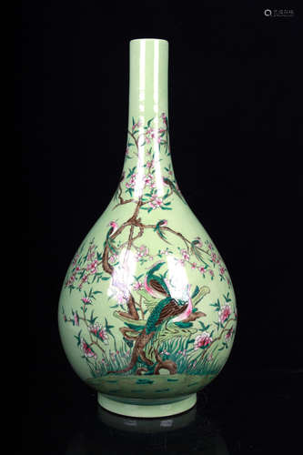 FAMILLE ROSE AND GREEN GROUND 'FLOWERS AND BIRDS' VASE