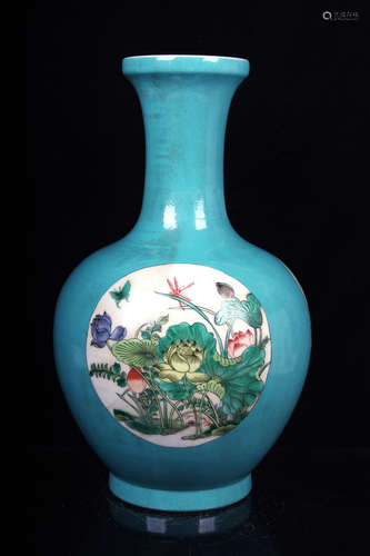 MONOCHROME BLUE GLAZED OPEN MEDALLION 'FLOWERS AND BIRDS' VASE