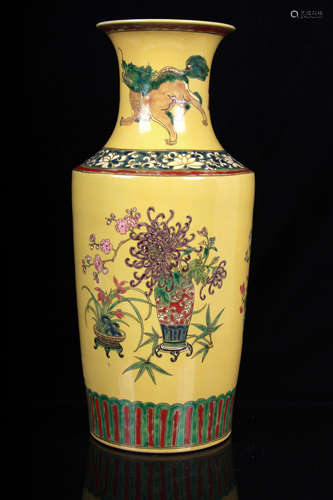 FAMILLE ROSE AND YELLOW GROUND 'MYTHICAL BEAST' VASE