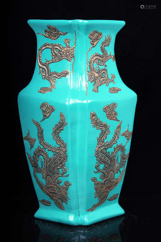 TURQUOISE GROUND AND GILT 'DRAGON' VASE