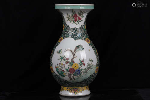 FAMILLE ROSE AND OPEN MEDALLION 'FLOWERS AND BIRDS' VASE