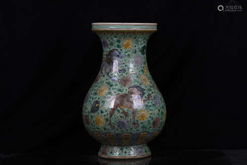 FAMILLE ROSE GREEN GROUND 'MYTHICAL BEASTS' VASE