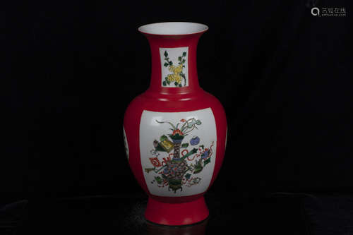 MONOCHROME RED GLAZED OPEN MEDALLION 'LANDSCAPE SCENERY' VASE