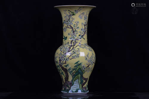 FAMILLE ROSE AND YELLOW GROUND 'FLOWERS AND BIRDS' VASE, GU