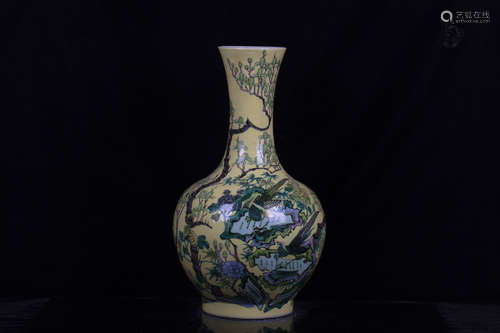 WUCAI AND YELLOW GROUND 'FLOWERS AND BIRDS' VASE