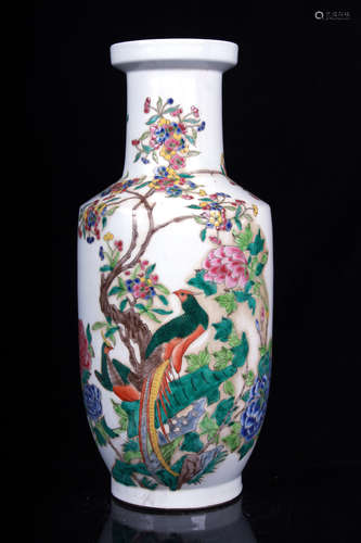 FAMILLE ROSE 'FLOWERS AND BIRDS' ROULEAU VASE