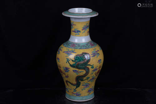 FAMILLE ROSE YELLOW GROUND 'DRAGON' VASE