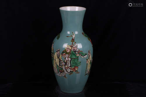 FAMILLE ROSE BLUE GROUND 'WARRIORS' VASE