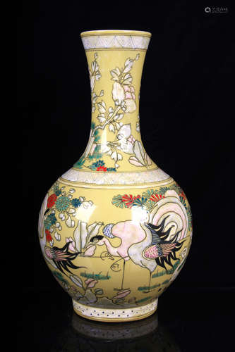 FAMILLE ROSE YELLOW GROUND 'FLOWERS AND BIRDS' VASE