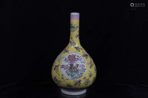 FAMILLE ROSE YELLOW GROUND AND OPEN MEDALLION 'FLOWERS AND BIRDS' VASE