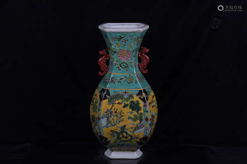 FAMILLE ROSE YELLOW GROUND AND OPEN MEDALLION 'FLOWERS AND BIRDS' VASE