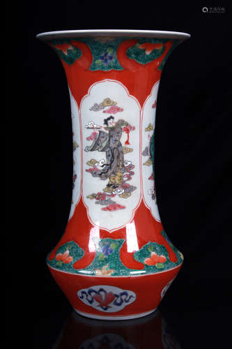 FAMILLE ROSE RED GROUND AND OPEN MEDALLION 'PEOPLE' VASE