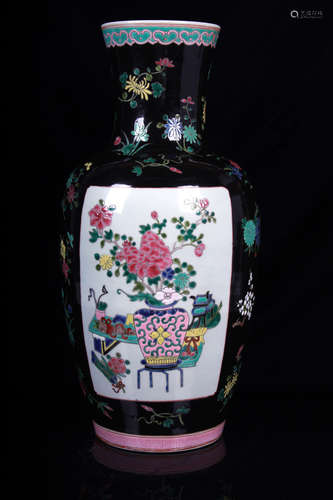 FAMILLE ROSE AND BLACK GROUND OPEN MEDALLION 'FLOWERS' VASE