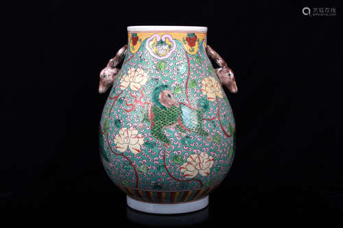 FAMILLE ROSE AND BLUEGROUND 'MYTHICAL BEAST' ZUN VASE WITH HANDLES