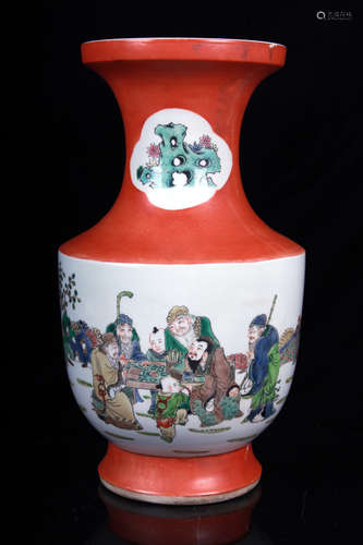 FAMILLE ROSE RED GROUND 'PEOPLE' VASE