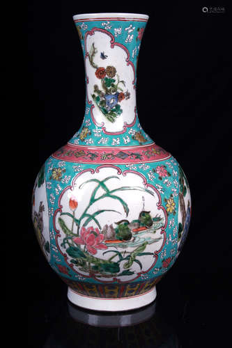 FAMILLE ROSE AND OPEN MEDALLION 'POND SCENERY' VASE