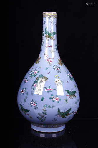 FAMILLE ROSE BLUE GROUND 'FLOWERS AND BUTTERFLIES' VASE