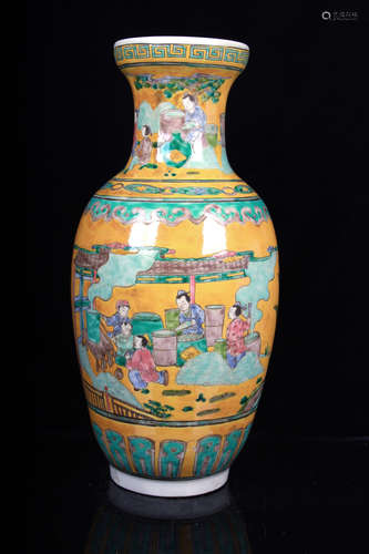 FAMILLE ROSE YELLOW GROUND 'PEOPLE' VASE