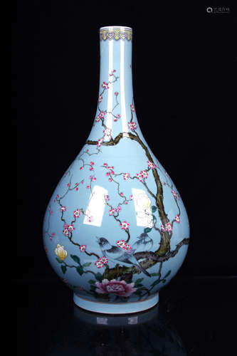 FAMILLE ROSE BLUE GROUND 'FLOWERS AND BIRDS' VASE