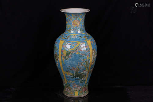 FAMILLE ROSE BLUE GROUND 'MYTHICAL BEASTS' VASE