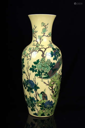 A YELLOW GROUND 'FLOWER AND BIRD' VASE