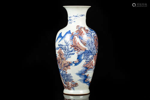 BLUE AND WHITE UNDERGLAZED RED 'LANDSCAPE SCENERY' VASE