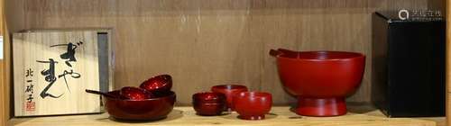 Japanese Vermilion Lacquered Bowls, Serving Set