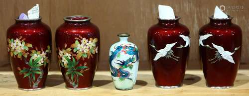 Japanese One shelf of Cloisonne Red Ginbari Vases