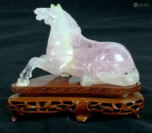 Small Chinese rose quartz carved horse on stand