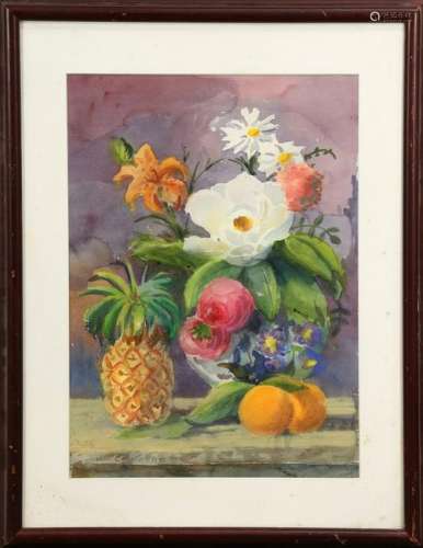 Watercolor, Still Life with Fruit and Flowers