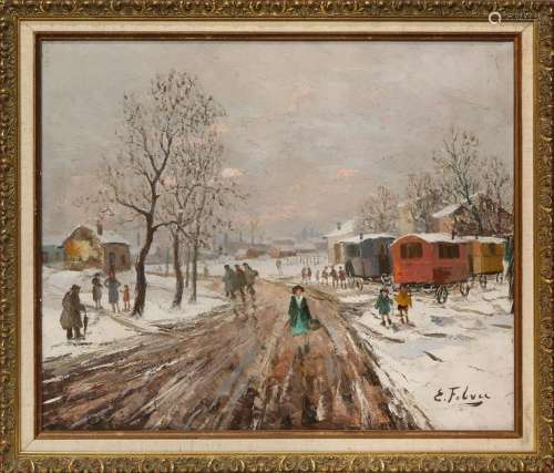 Painting, Snow on a Town Road with Figures
