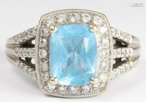 Blue topaz, diamond, 14k white gold ring