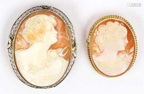 (Lot of 2) Shell cameo, 14k gold pendant/brooches