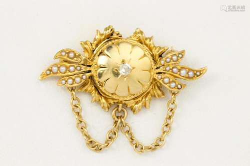 Diamond, cultured pearl, 14k yellow gold brooch