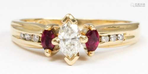 Diamond, ruby, 14k yellow gold ring