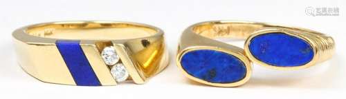 (Lot of 2) Lapis lazuli, diamond, 14k yellow gold rings